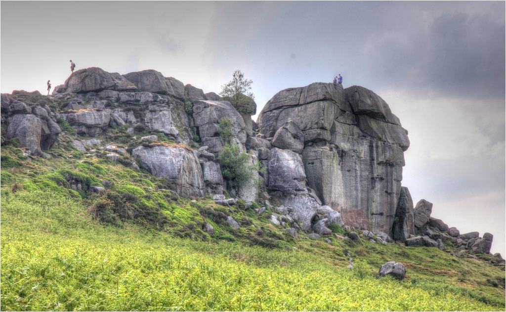 Rocky outcrops on Ilkley Moor with open moorland stretching behind.